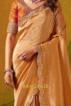 Golden Mustard Designer Embroidered Soft Silk Saree with Stitched Blouse