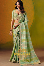 Pistachio Green Designer Embroidered Soft Silk Saree with Stitched Blouse