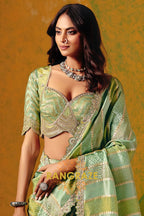 Pistachio Green Designer Embroidered Soft Silk Saree with Stitched Blouse