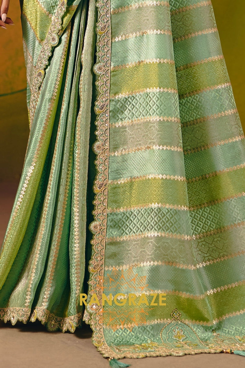 Pistachio Green Designer Embroidered Soft Silk Saree with Stitched Blouse