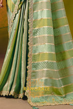 Pistachio Green Designer Embroidered Soft Silk Saree with Stitched Blouse
