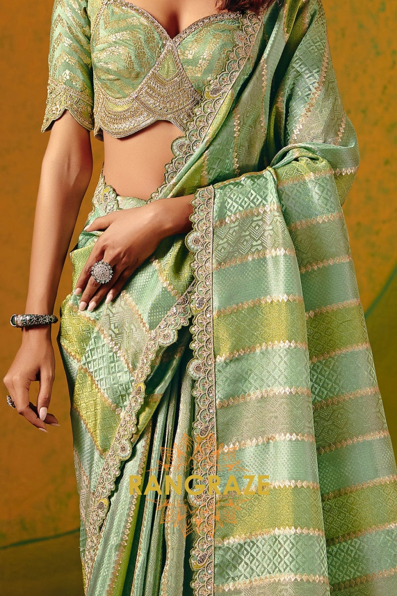 Pistachio Green Designer Embroidered Soft Silk Saree with Stitched Blouse