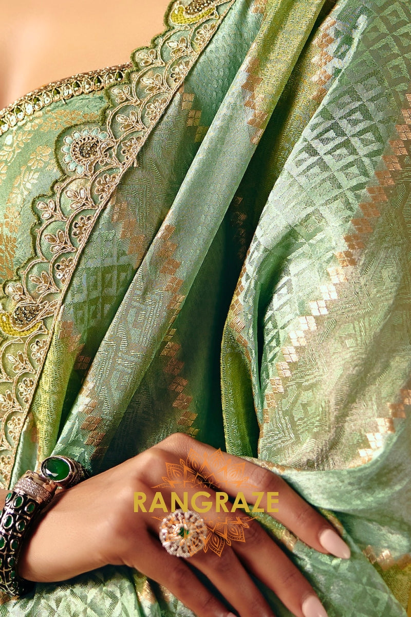 Pistachio Green Designer Embroidered Soft Silk Saree with Stitched Blouse