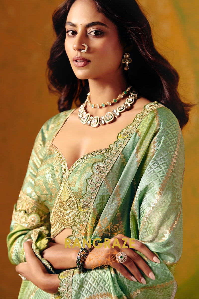 Pistachio Green Designer Embroidered Soft Silk Saree with Stitched Blouse