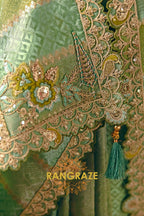 Pistachio Green Designer Embroidered Soft Silk Saree with Stitched Blouse
