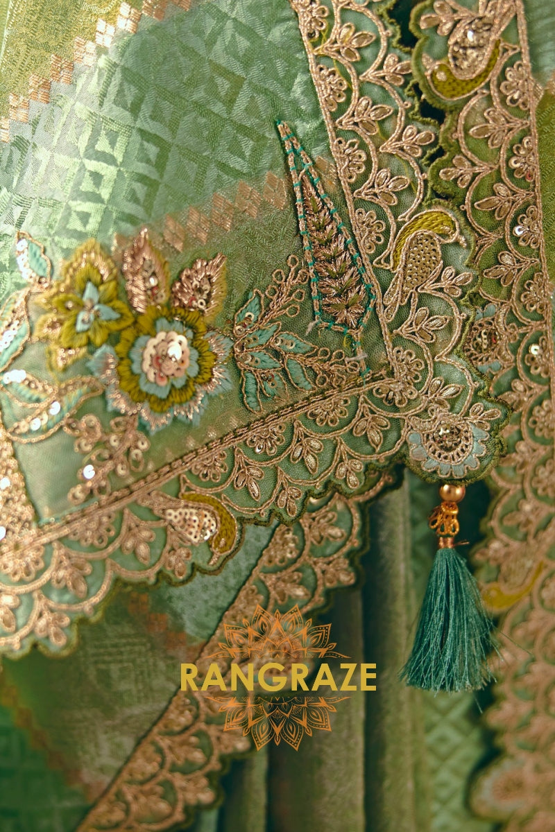 Pistachio Green Designer Embroidered Soft Silk Saree with Stitched Blouse