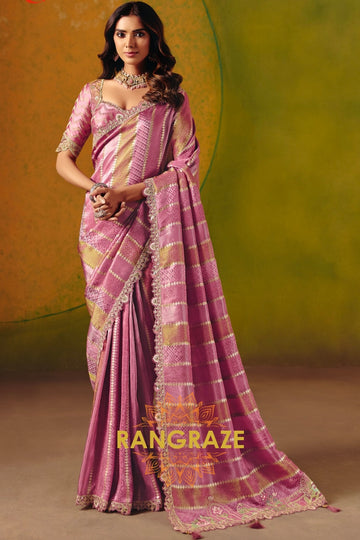 Rose Pink Designer Embroidered Soft Silk Saree with Stitched Blouse