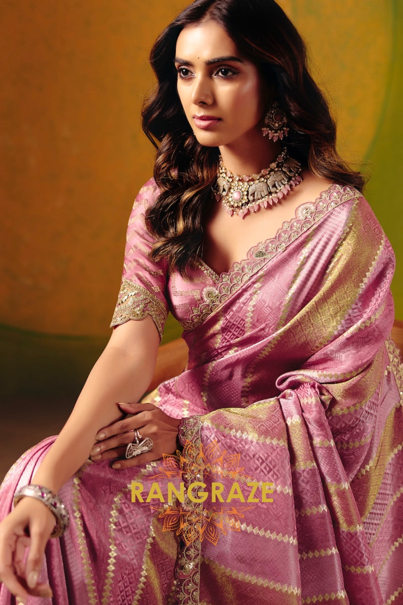 Rose Pink Designer Embroidered Soft Silk Saree with Stitched Blouse