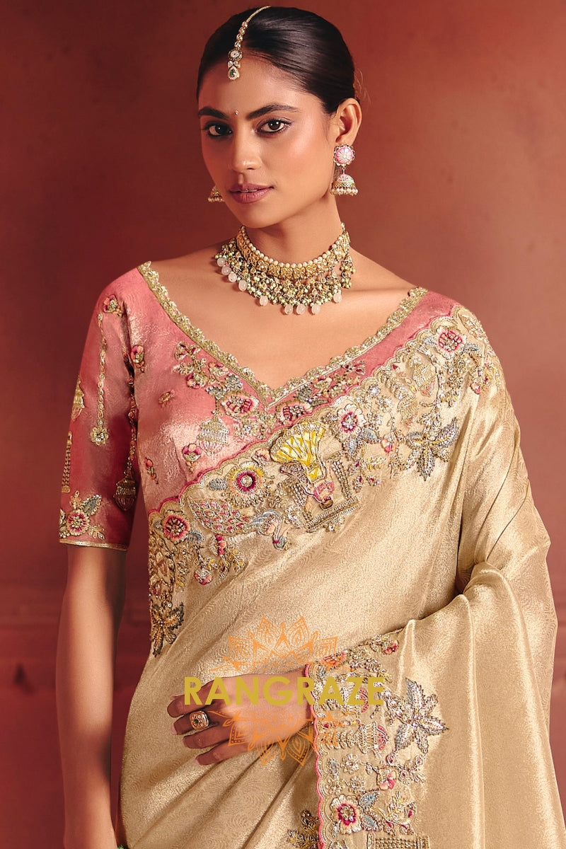 Pure Smooth Zari Silk Saree with Heavy Embroidery & Designer Blouse