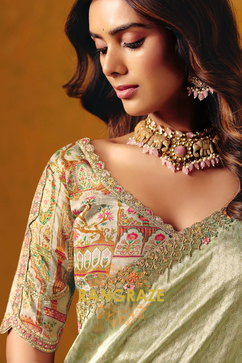 Sage Green Designer Embroidered Soft Silk Saree with Stitched Blouse