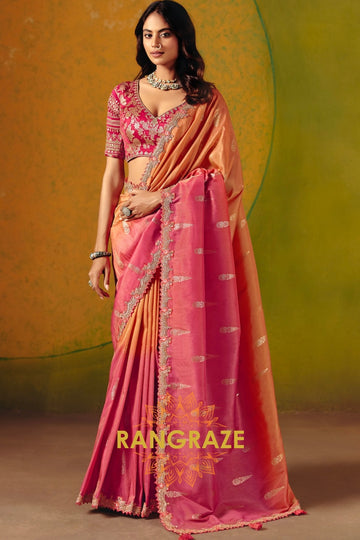 Coral Pink Ombre Designer Embroidered Soft Silk Saree with Stitched Blouse