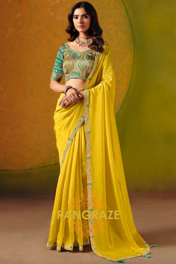 Sunshine Yellow Designer Embroidered Soft Silk Saree with Stitched Blouse