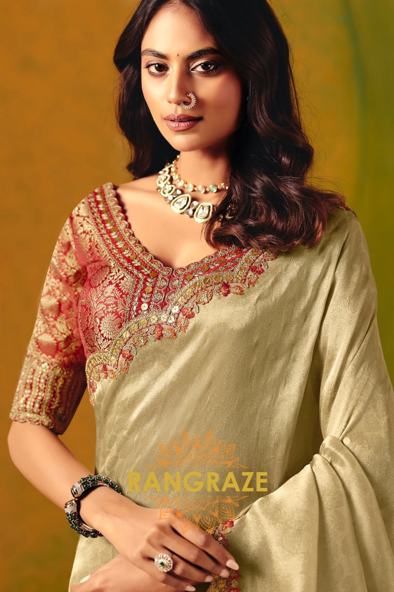 Olive Gold Designer Embroidered Soft Silk Saree with Stitched Blouse