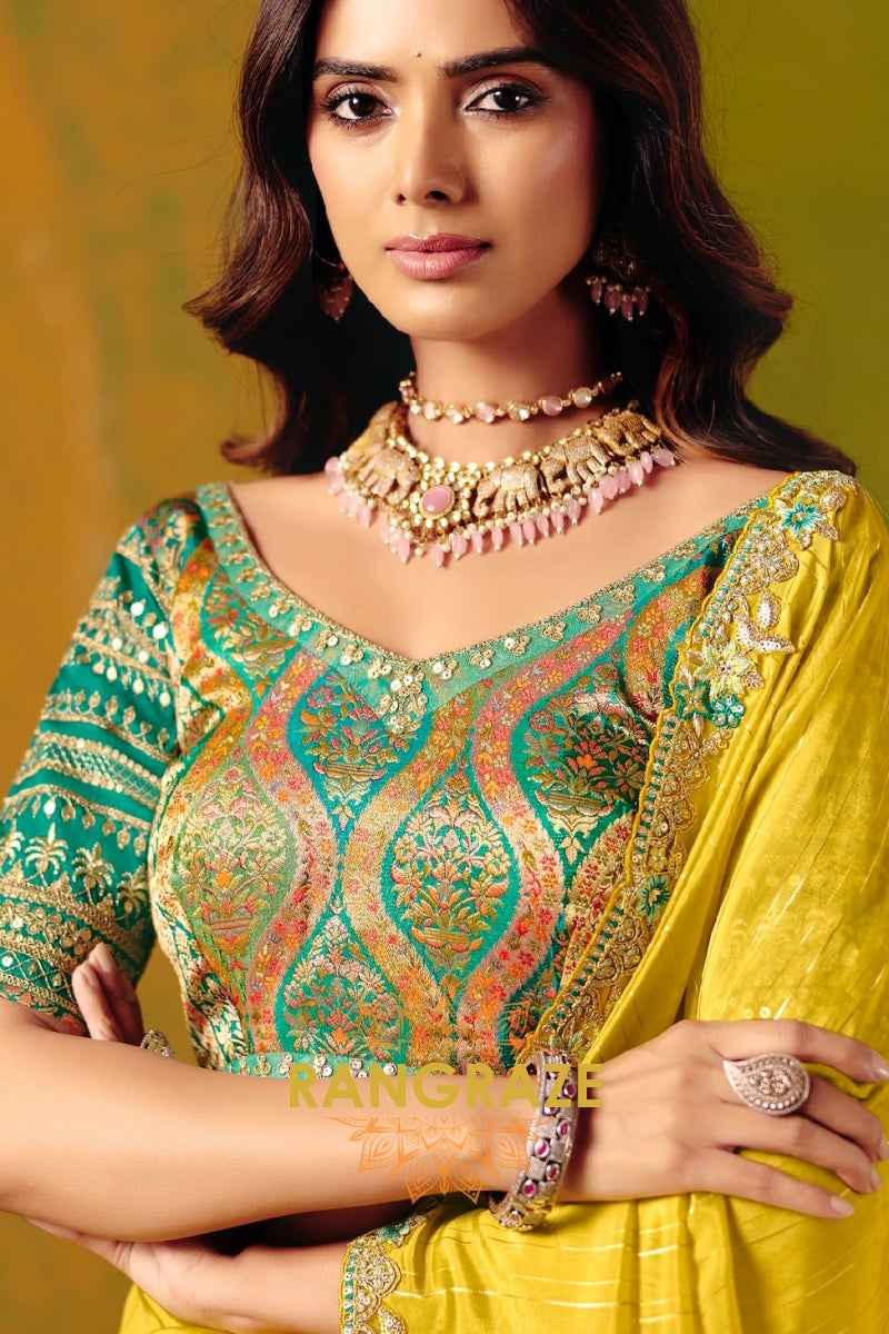 Sunshine Yellow Designer Embroidered Soft Silk Saree with Stitched Blouse