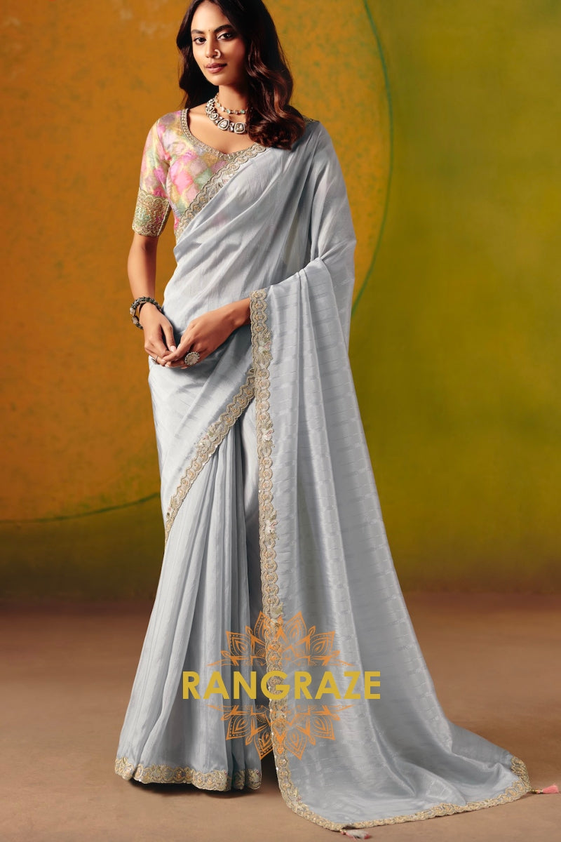Silver Grey Designer Embroidered Soft Silk Saree with Stitched Blouse