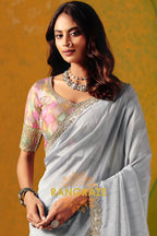 Silver Grey Designer Embroidered Soft Silk Saree with Stitched Blouse