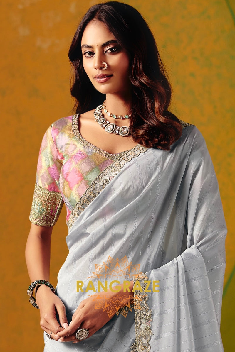 Silver Grey Designer Embroidered Soft Silk Saree with Stitched Blouse