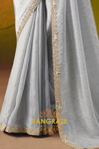 Silver Grey Designer Embroidered Soft Silk Saree with Stitched Blouse
