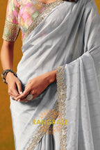 Silver Grey Designer Embroidered Soft Silk Saree with Stitched Blouse
