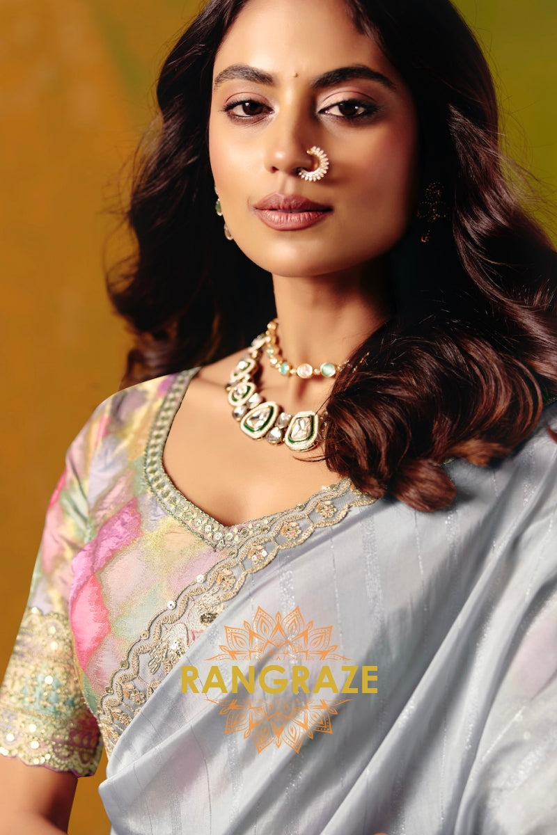 Silver Grey Designer Embroidered Soft Silk Saree with Stitched Blouse