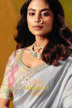 Silver Grey Designer Embroidered Soft Silk Saree with Stitched Blouse