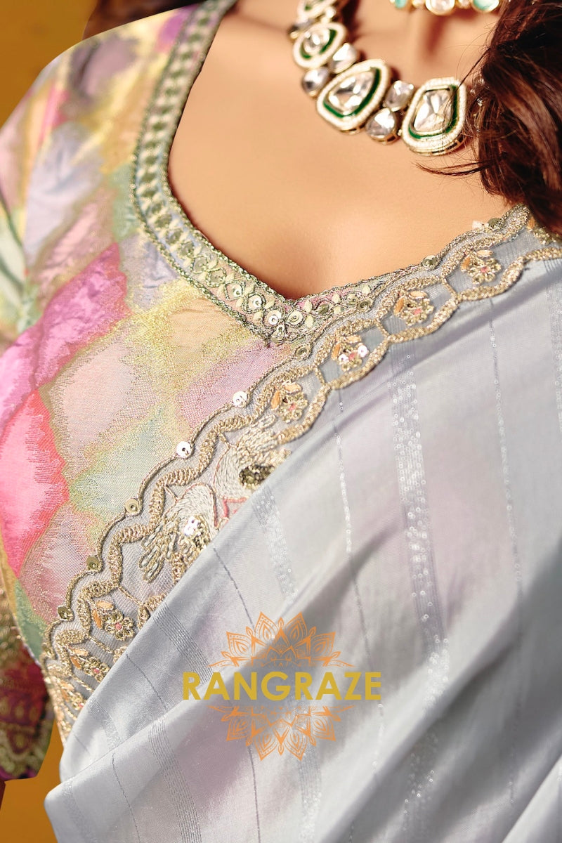Silver Grey Designer Embroidered Soft Silk Saree with Stitched Blouse
