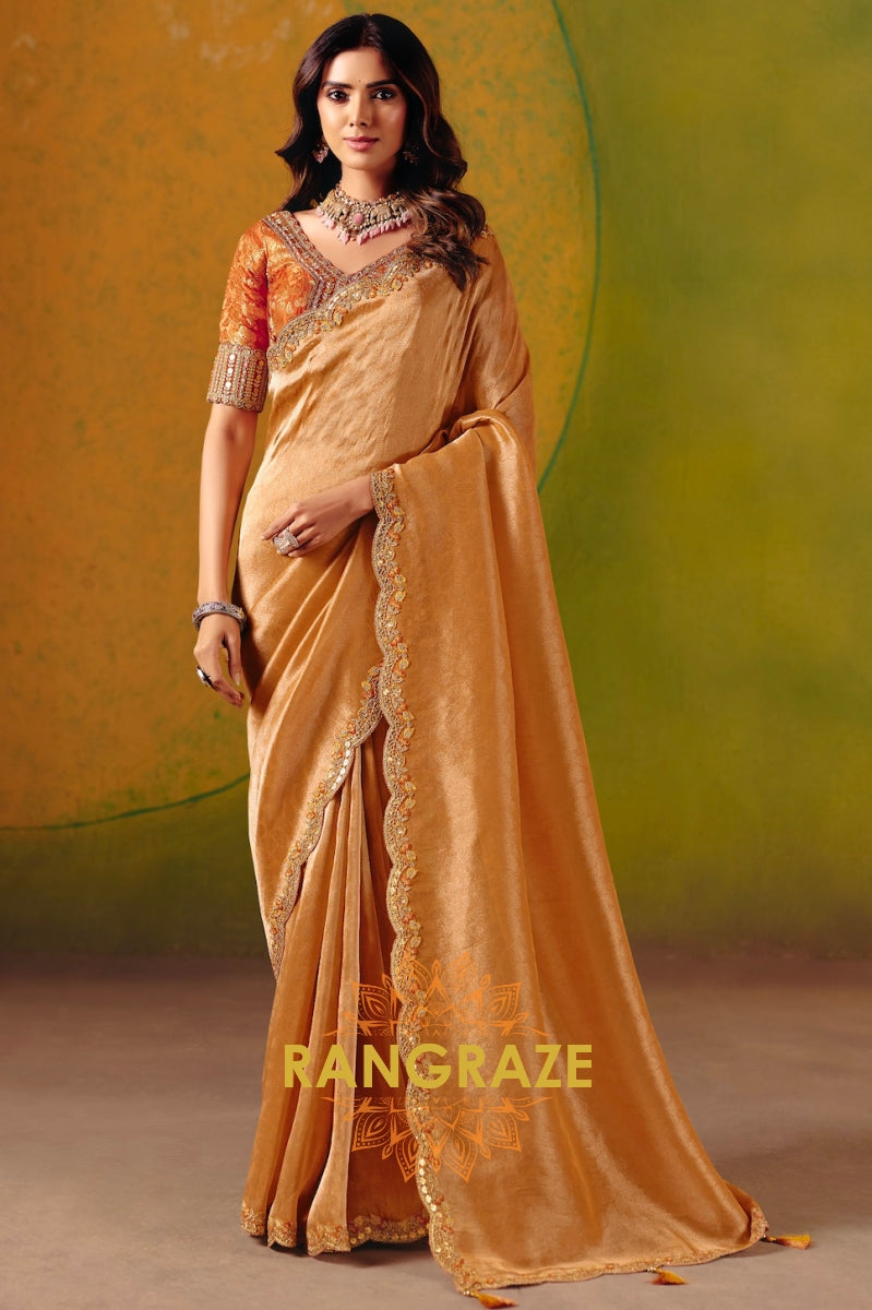 Golden Mustard Designer Embroidered Soft Silk Saree with Stitched Blouse
