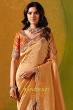 Golden Mustard Designer Embroidered Soft Silk Saree with Stitched Blouse