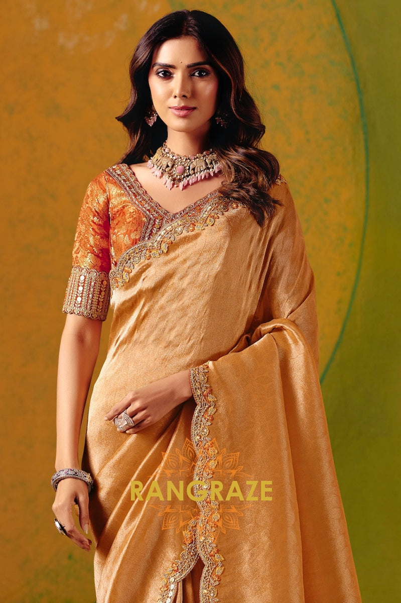 Golden Mustard Designer Embroidered Soft Silk Saree with Stitched Blouse