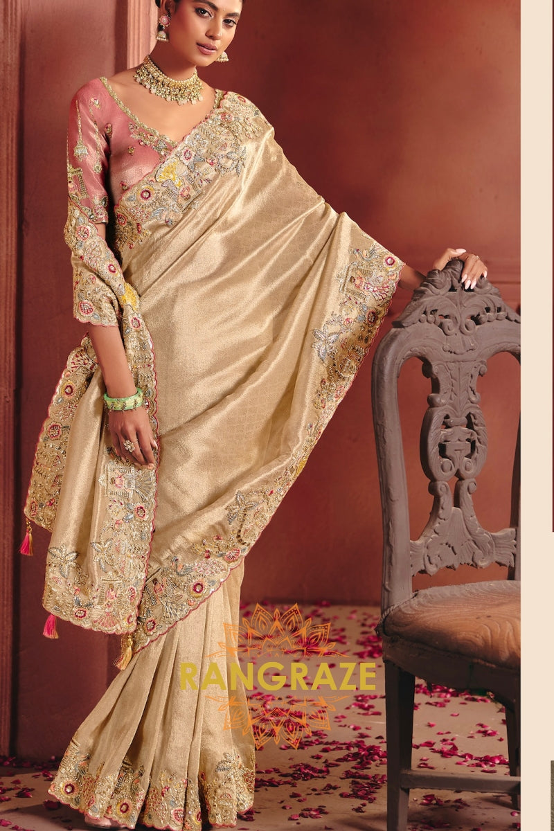 Pure Smooth Zari Silk Saree with Heavy Embroidery & Designer Blouse
