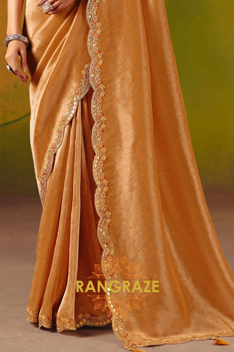 Golden Mustard Designer Embroidered Soft Silk Saree with Stitched Blouse