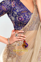Beige Soft Silk Embroidered Saree with Royal Blue Blouse