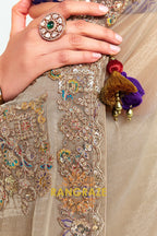 Beige Soft Silk Embroidered Saree with Royal Blue Blouse