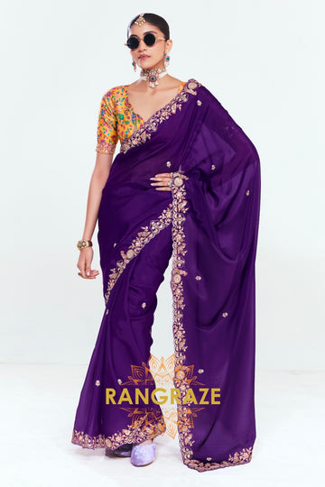 Royal Purple Soft Silk Embroidered Saree with Multicolor Blouse
