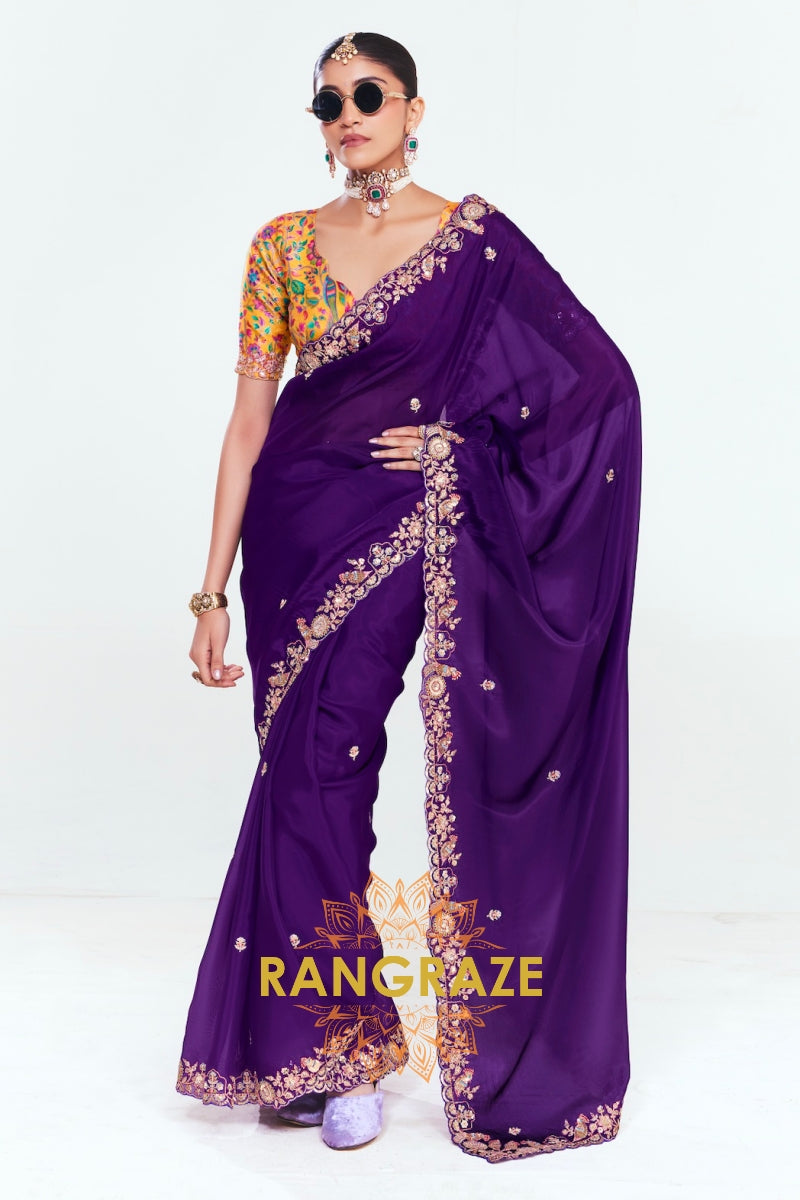 Royal Purple Soft Silk Embroidered Saree with Multicolor Blouse