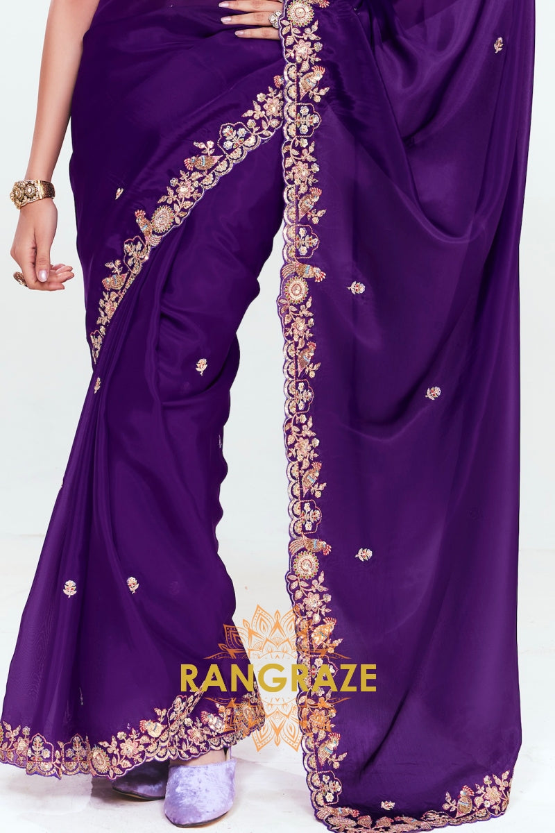 Royal Purple Soft Silk Embroidered Saree with Multicolor Blouse