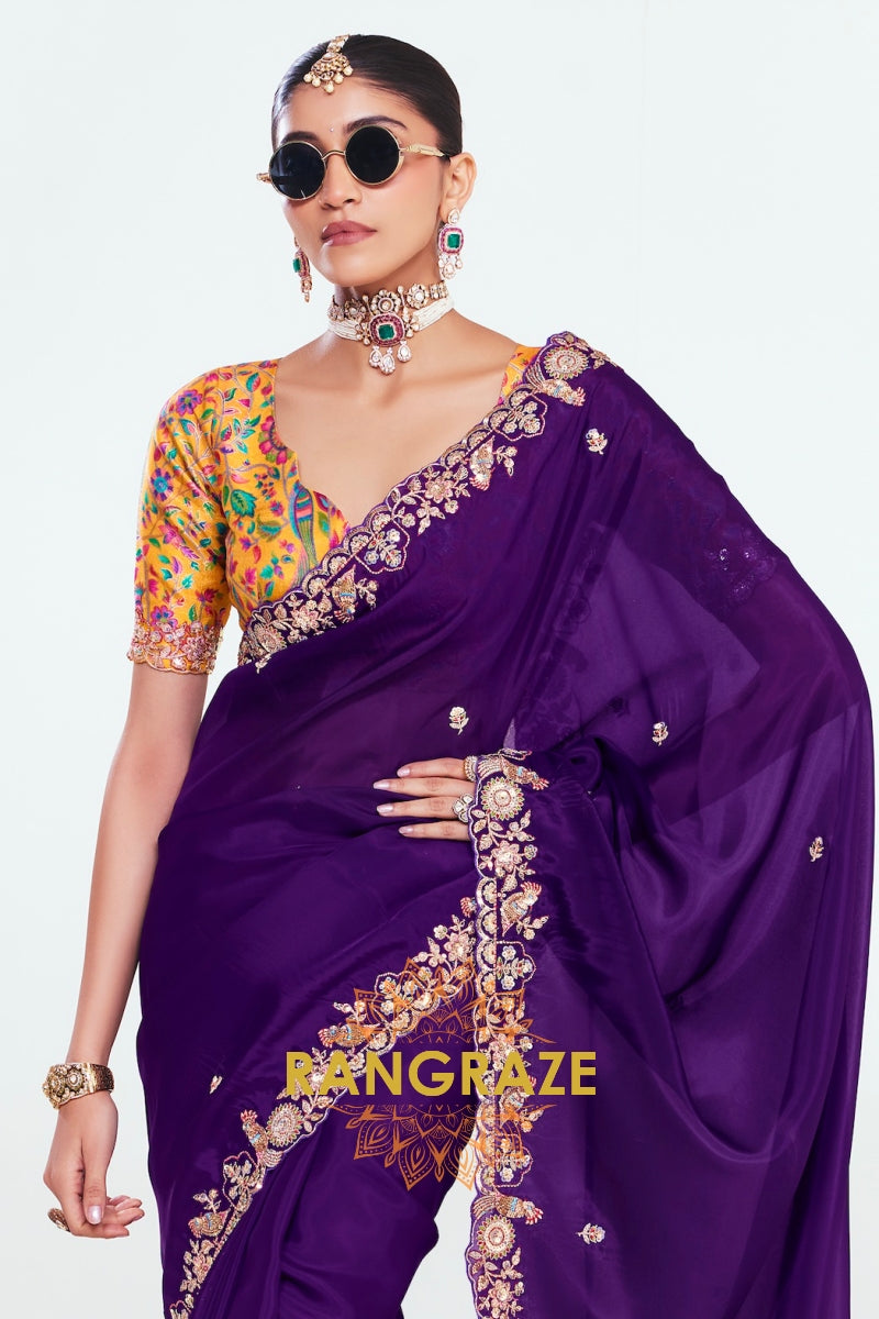 Royal Purple Soft Silk Embroidered Saree with Multicolor Blouse