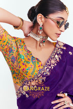 Royal Purple Soft Silk Embroidered Saree with Multicolor Blouse