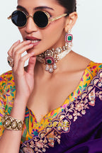 Royal Purple Soft Silk Embroidered Saree with Multicolor Blouse
