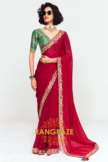 Red Soft Silk Embroidered Saree with Contrast Blouse