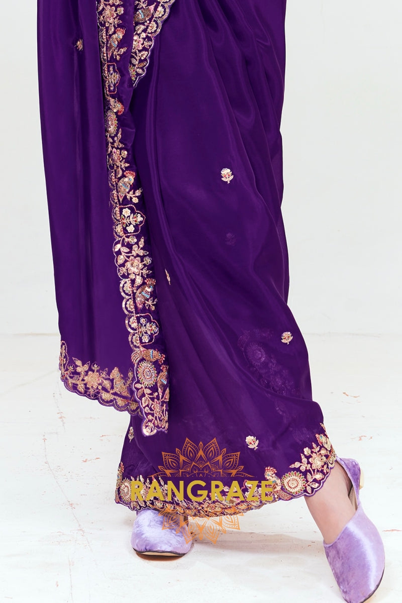 Royal Purple Soft Silk Embroidered Saree with Multicolor Blouse