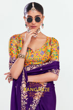 Royal Purple Soft Silk Embroidered Saree with Multicolor Blouse