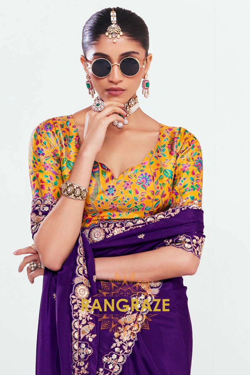 Royal Purple Soft Silk Embroidered Saree with Multicolor Blouse