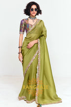Olive Green Soft Silk Embroidered Saree with Designer Multicolor Blouse
