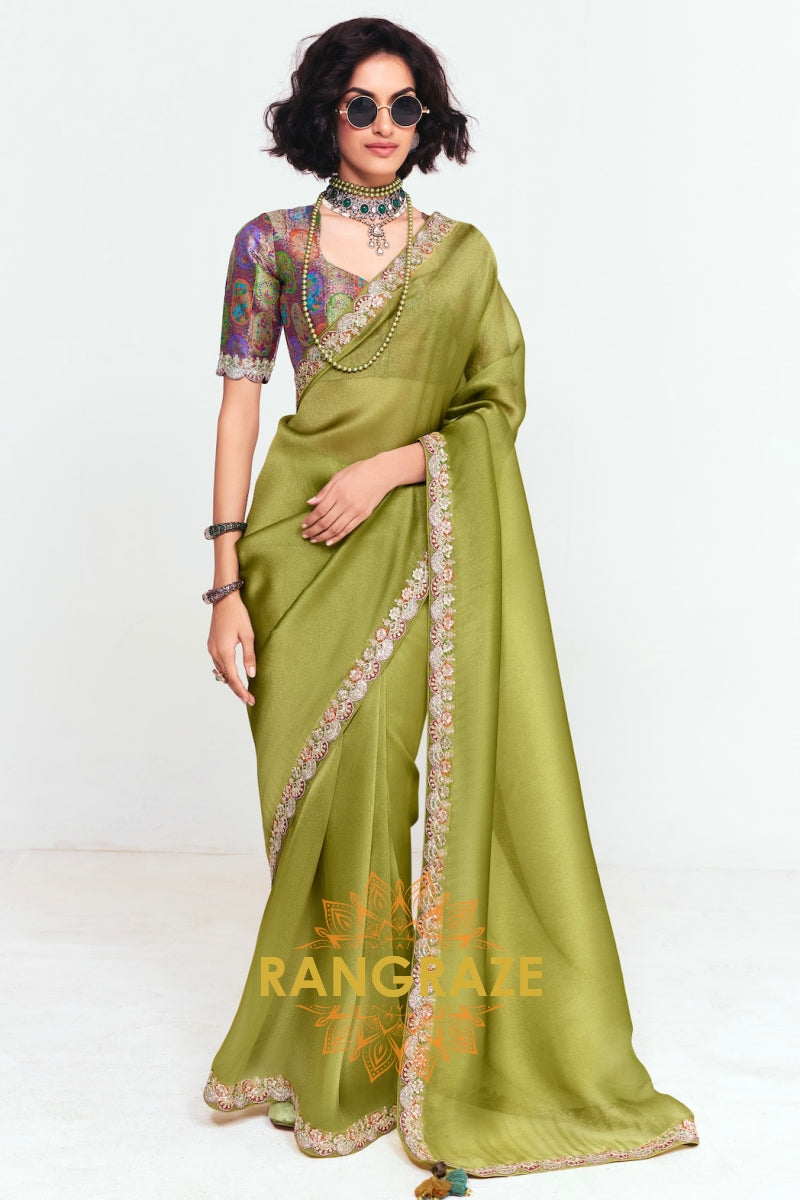Olive Green Soft Silk Embroidered Saree with Designer Multicolor Blouse