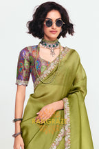 Olive Green Soft Silk Embroidered Saree with Designer Multicolor Blouse