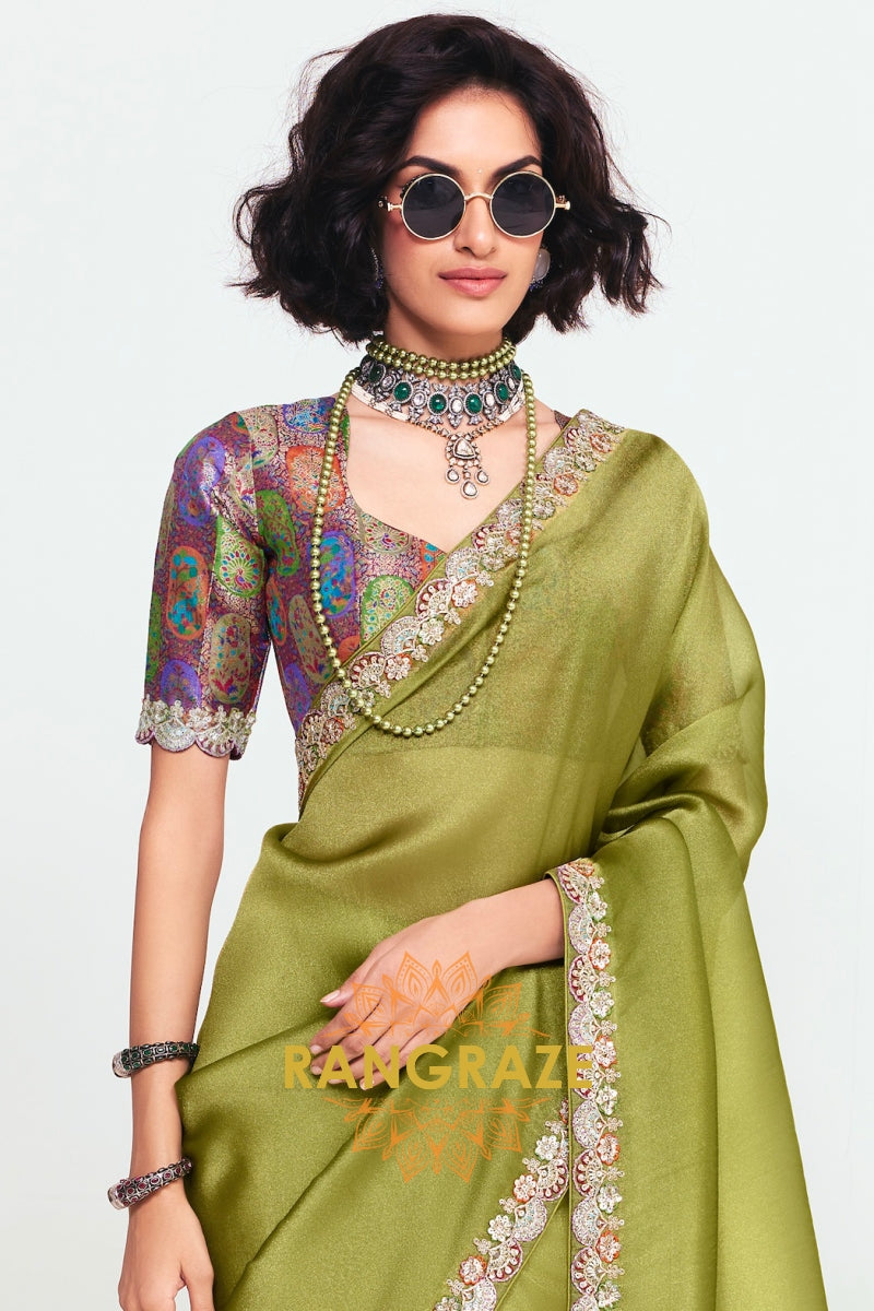 Olive Green Soft Silk Embroidered Saree with Designer Multicolor Blouse
