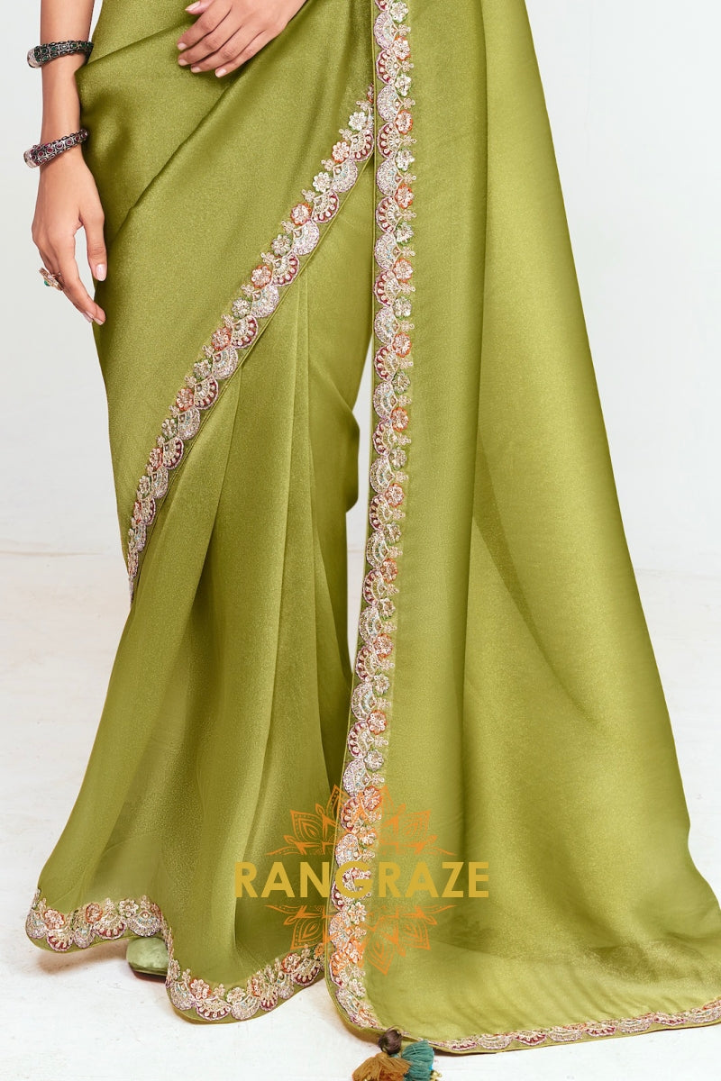 Olive Green Soft Silk Embroidered Saree with Designer Multicolor Blouse