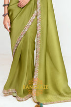 Olive Green Soft Silk Embroidered Saree with Designer Multicolor Blouse