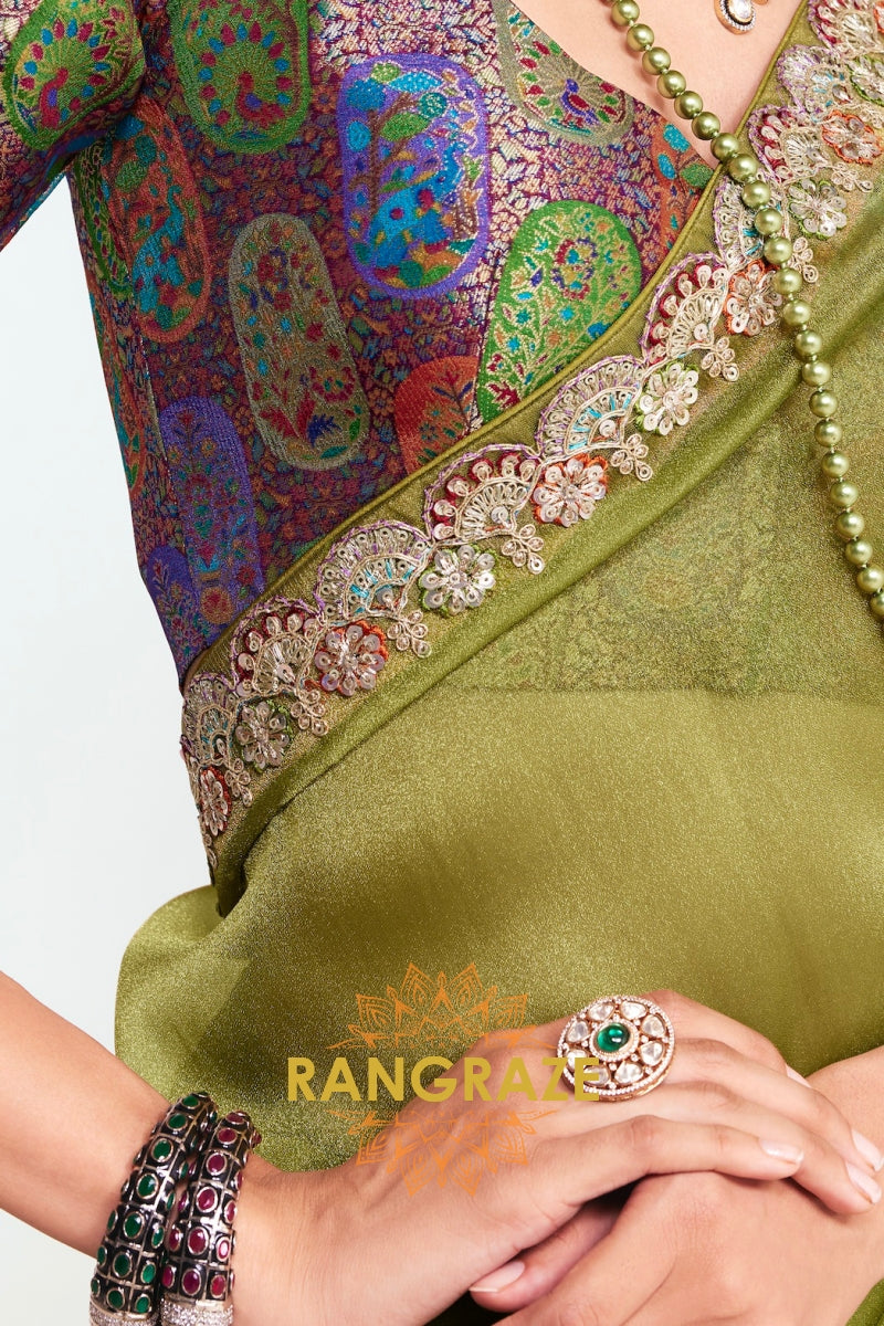 Olive Green Soft Silk Embroidered Saree with Designer Multicolor Blouse
